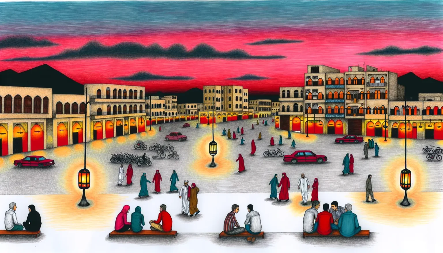Illustrierte Szene eines belebten Marktplatzes bei Dämmerung mit Personen in traditioneller Kleidung, die sich unterhalten, spazieren gehen und auf Bänken sitzen. Es gibt Fahrräder, Autos, beleuchtete Laternen und Gebäude mit Bögen, die in warmes Licht getaucht sind, unter einem Himmel mit roten und blauen Farbtönen.