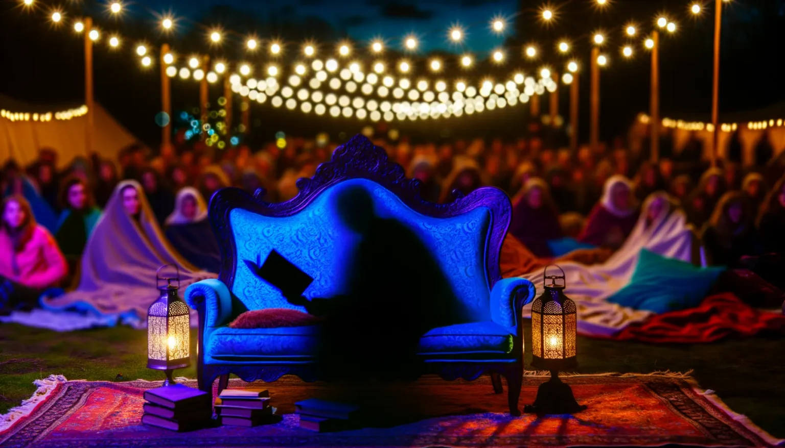 Ein opulenter, königlicher blauer Sofa mit verzierten Mustern steht im Freien auf einem Perserteppich, flankiert von zwei leuchtenden Laternen und umgeben von Bücherstapeln. Im Hintergrund sitzt eine große Menschenmenge auf dem Boden unter einer Reihe von hellen Lichterketten bei Nacht.