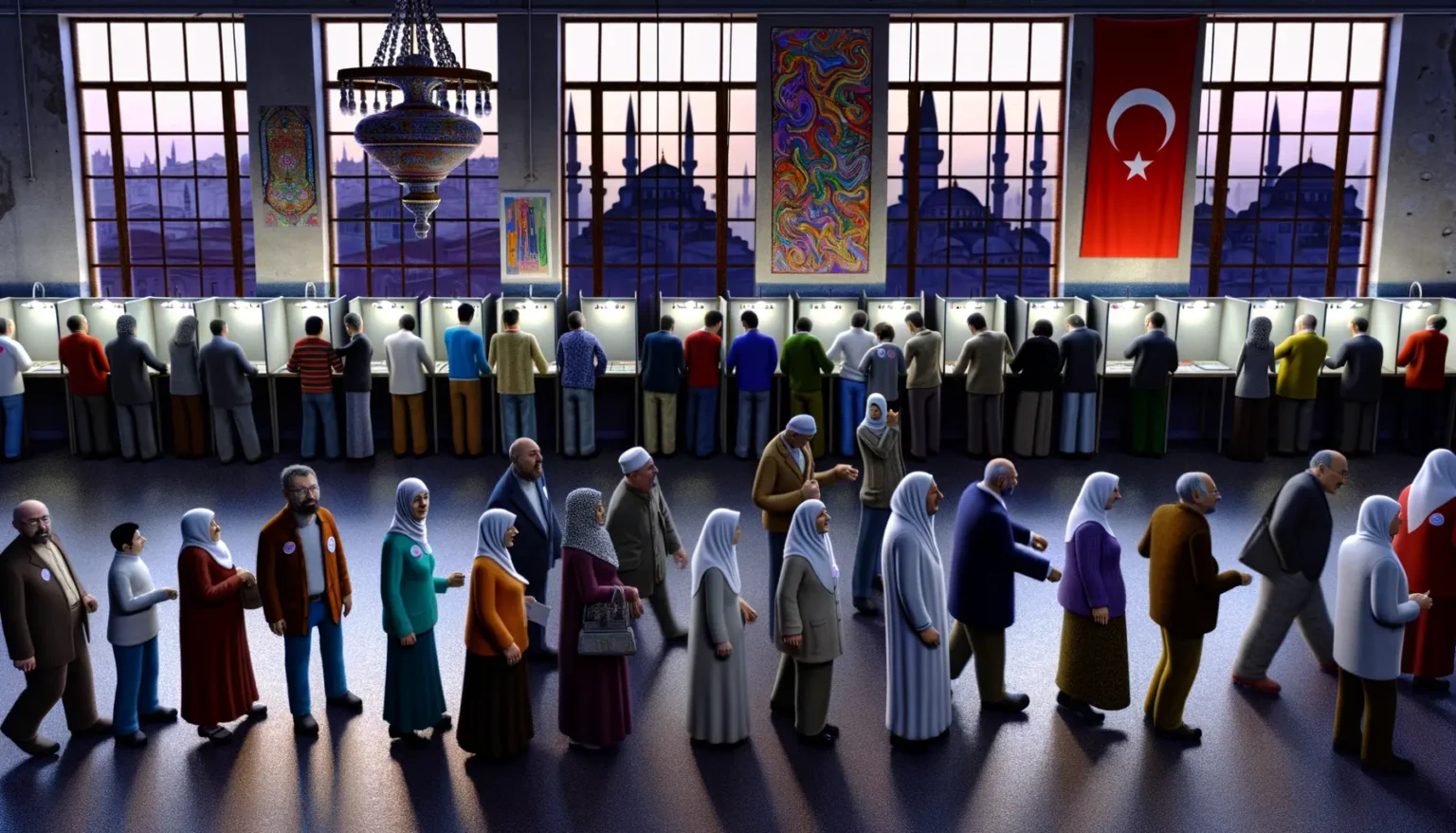 Eine Gruppe von Menschen, viele davon in traditioneller islamischer Kleidung, steht in einem großen Raum vor Wahlkabinen. Im Hintergrund sind große Fenster, durch die man ein Stadtbild bei Dämmerung sieht, und es hängen die türkische Flagge sowie verzierte Wandteppiche und eine Lampe. Die Atmosphäre wirkt ernst und fokussiert, da die Personen an einem demokratischen Prozess teilnehmen.