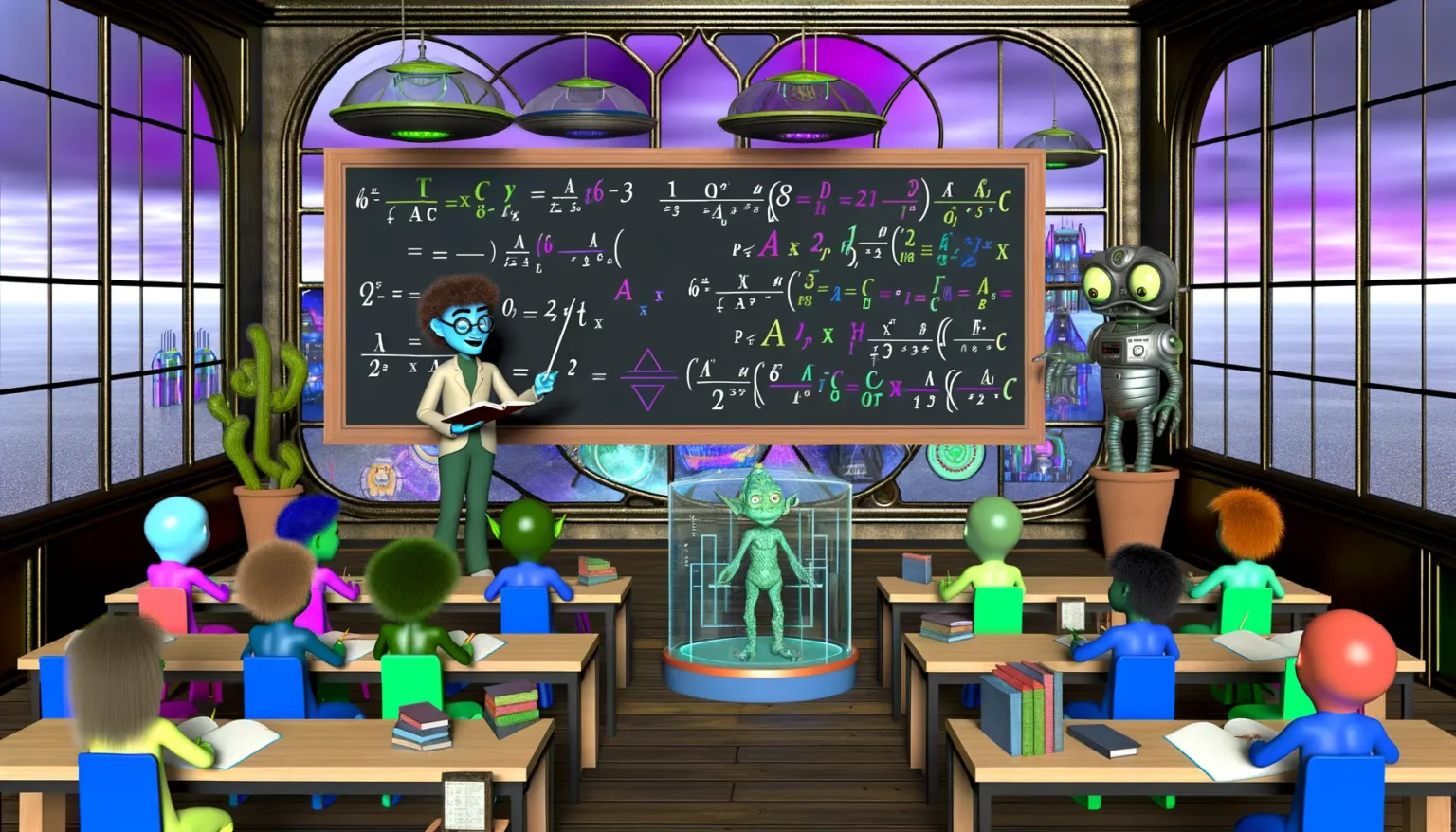 Ein Science-Fiction-Klassenzimmer mit bunten, humanoiden Alien-Schülern, die an Tischen sitzen und lernen, während eine Alien-Lehrerin vor einem großen Tafel mit komplexen mathematischen Formeln steht. Ein Roboter steht an der Seite und beobachtet die Klasse. In der Mitte ist ein holografisches Display eines grünen Aliens zu sehen. Draußen vor den großen Fenstern ist ein violett verfärbter Himmel und Strukturen, die wie ferne Städte aussehen.