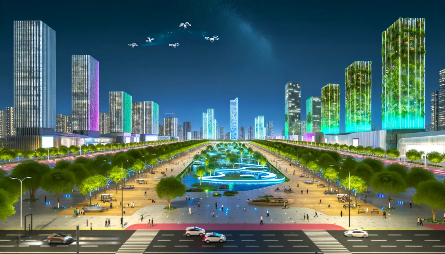 Ein futuristisches Stadtbild bei Nacht mit beleuchteten Hochhäusern, von denen einige mit vertikalen Gärten bedeckt sind, und einer belebten Promenade mit Bäumen und einem künstlichen Fluss. Im Himmel sind Drohnen zu sehen und über dem Horizont sind Sterne sichtbar.