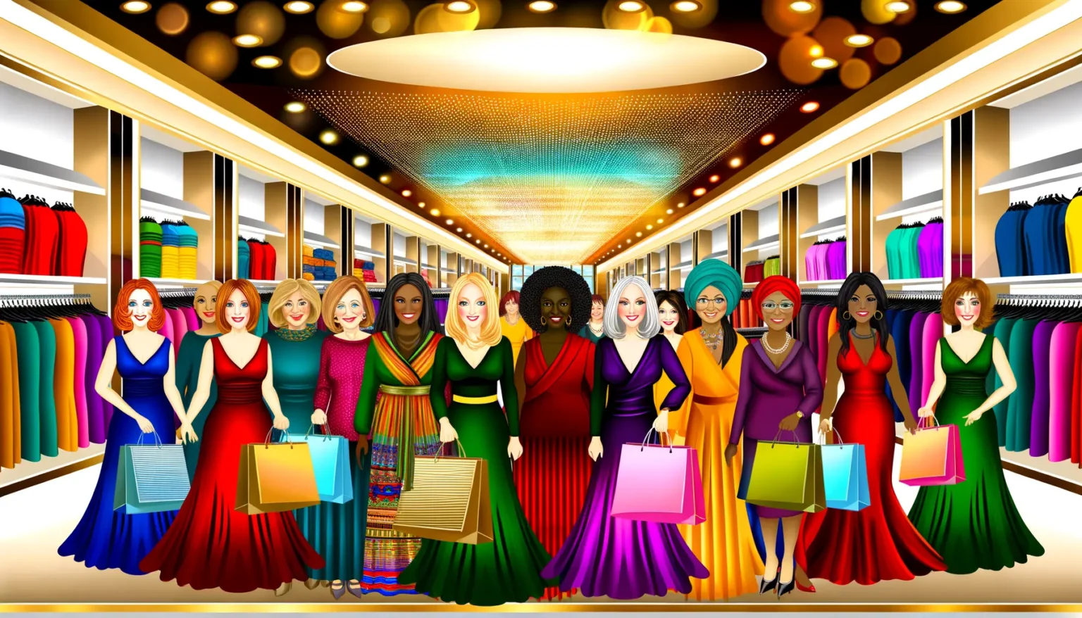 Eine Gruppe stilisierter und fröhlich lächelnder Frauenfiguren steht nebeneinander in einem Modegeschäft mit bunten Kleidungsstücken auf Kleiderstangen. Die Frauen tragen elegante und farbenfrohe Kleider und halten Einkaufstaschen. Der Hintergrund ist dekoriert mit einer leuchtenden Decke und warmen Lichtern, was eine freundliche und luxuriöse Einkaufsatmosphäre suggeriert.