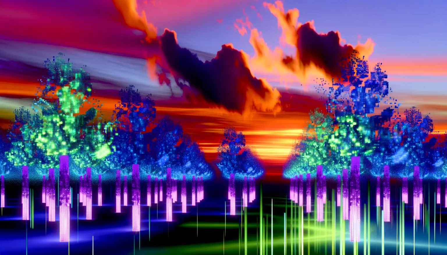 Ein digitales Kunstwerk, das eine abstrakte Landschaft bei Sonnenuntergang zeigt. Der Himmel ist in lebendigen Orange-, Rot- und Violetttönen gemalt, mit dynamischen, dunklen Wolken, die am oberen Bildrand vorbeiziehen. Die Landschaft wirkt durch pixelartige Bäume und Strukturen in kühlen Blau- und Grüntönen, die auf einer glatten dunkelblauen Oberfläche stehen, futuristisch. Einige Bäume haben helle grüne Highlights, die an Lichtreflexe erinnern. Unter den Bäumen befinden sich vertikale, pinkfarbene Streifen, die wie leuchtende Säulen wirken und in verschiedenen Intensitäten bis zum unteren Bildrand leuchten. Das Bild strahlt eine lebhafte und digitale Atmosphäre aus.