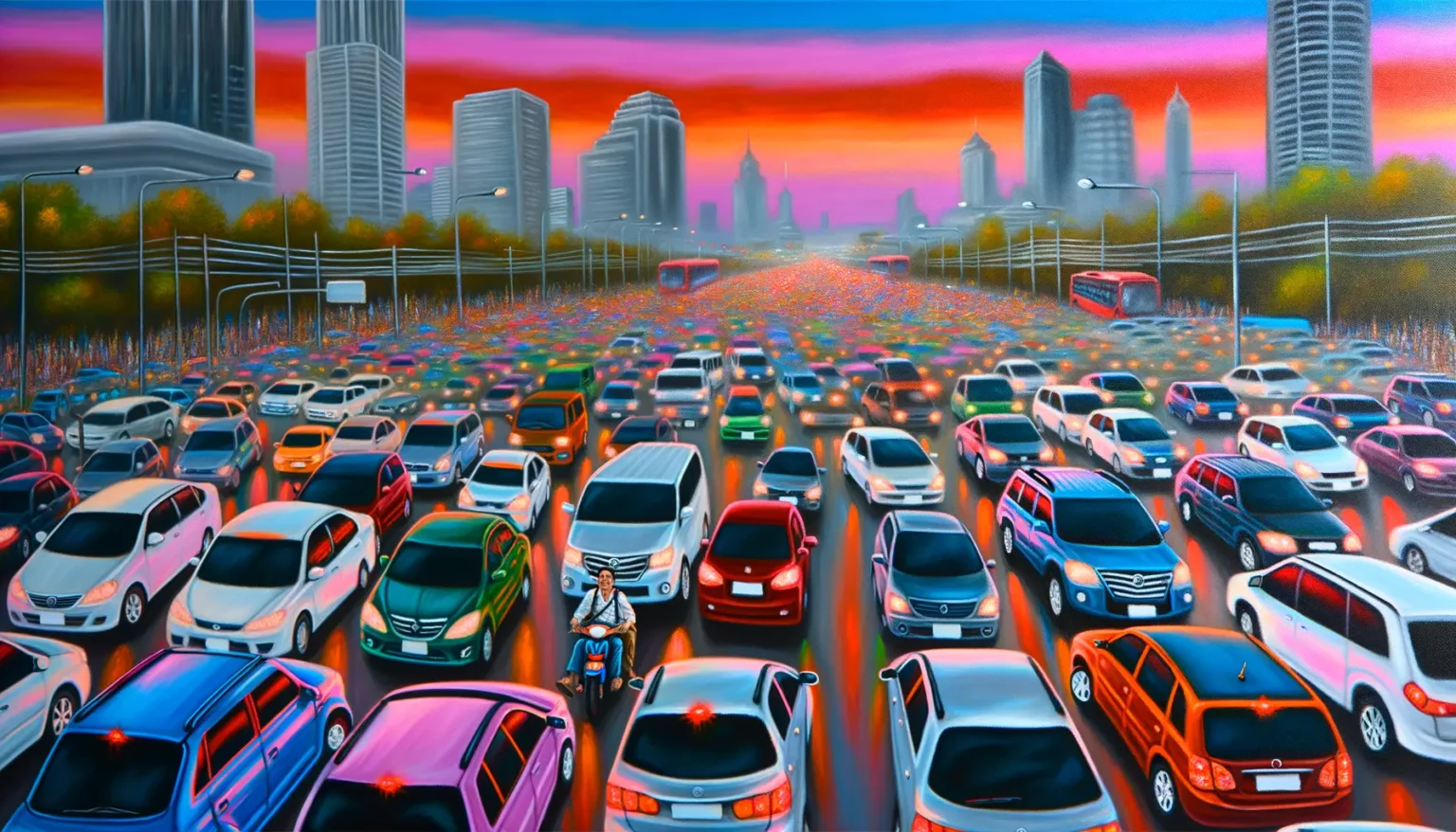 Eine belebte städtische Straße mit dichtem Verkehr, zahlreiche bunte Autos stehen dicht an dicht auf mehreren Fahrspuren. Im Vordergrund fährt eine Person auf einem Motorroller zwischen den Autos. Im Hintergrund zeichnet sich eine Skyline mit Wolkenkratzern ab, über der ein dramatischer, farbintensiver Sonnenuntergang mit roten und blauen Tönen den Himmel erleuchtet.