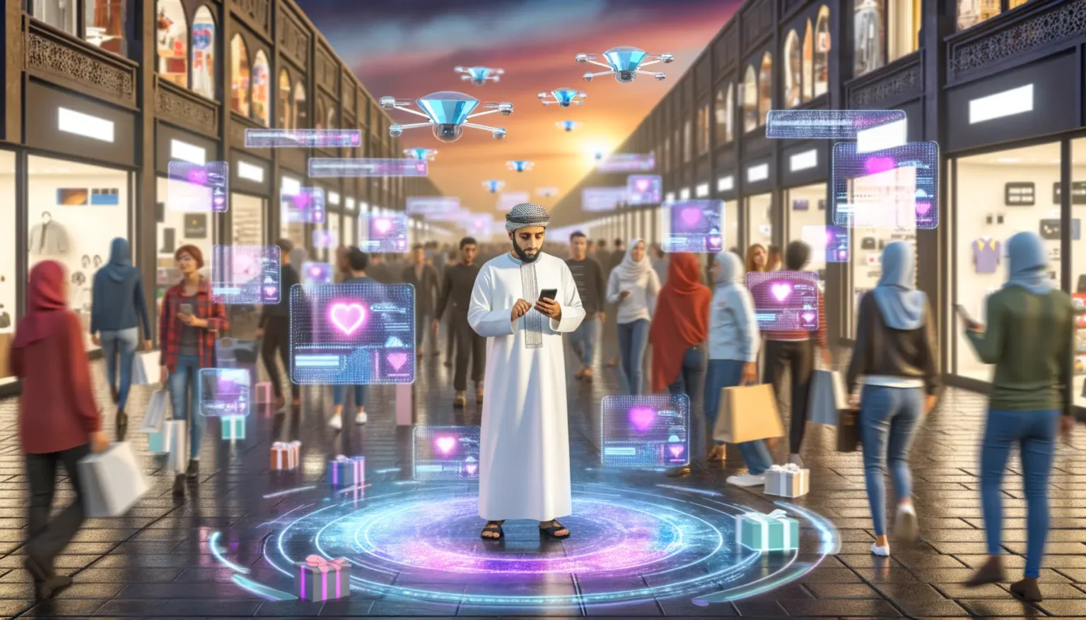 Ein Mann in traditioneller arabischer Kleidung steht in einer belebten Einkaufsstraße und blickt auf sein Smartphone. Um ihn herum erscheinen futuristische holographische Displays mit Herzsymbolen. Über der Menge schweben Drohnen, und auf dem Boden befinden sich holographische Projektionen und Geschenkboxen. Die Szene stellt eine hochmoderne, technologisierte Einkaufsumgebung dar.