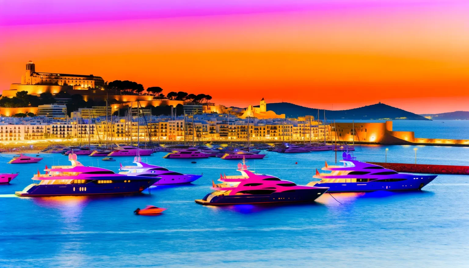 Lebhaft beleuchteter Hafen bei Sonnenuntergang mit mehreren Yachten auf dem Wasser und einer historischen Stadt im Hintergrund unter einem intensiv farbigen Himmel in Pink und Orange.