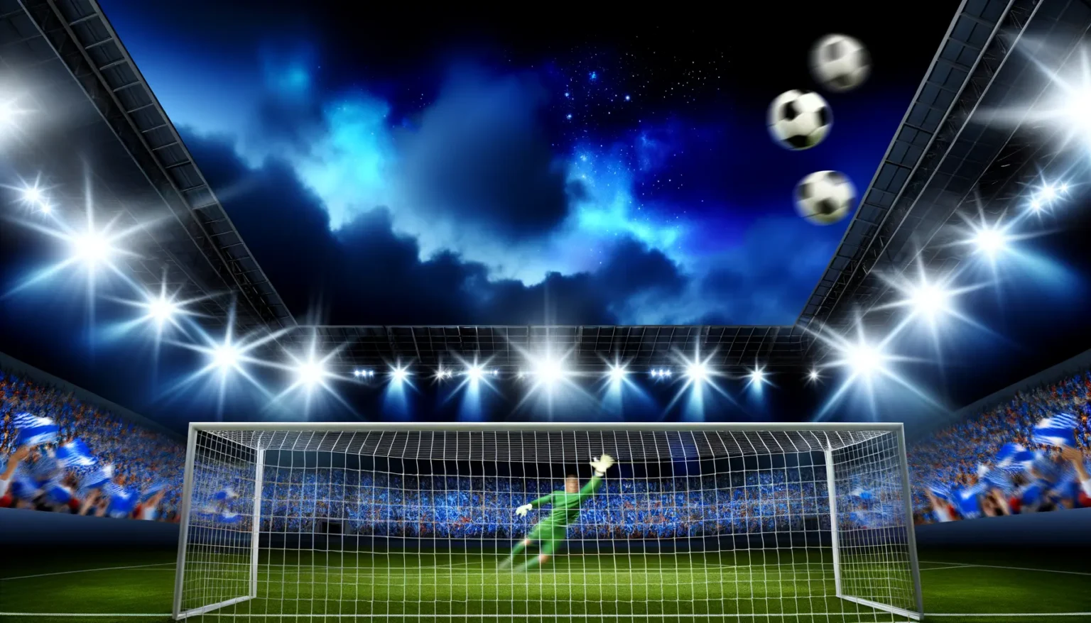 Eine lebendige Szene in einem Fußballstadion bei Nacht, mit einem Torwart, der sich in der Luft nach einem Ball streckt, während rundherum mehrere Bälle im Flug zu sehen sind. Lichter blitzen von Flutlichtern, und das Publikum auf den Rängen erscheint in Blautönen, was eine energiegeladene Atmosphäre schafft.