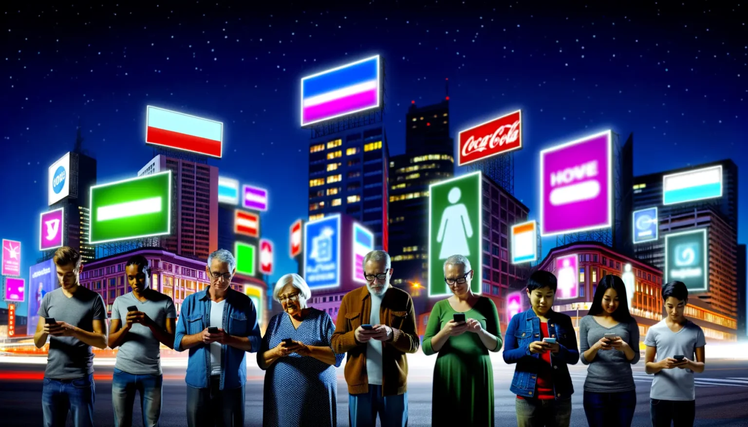 Eine Gruppe verschiedenalteriger Menschen, die auf ihre Smartphones schauen, vor einer städtischen Kulisse bei Nacht mit leuchtenden Werbetafeln und Hochhäusern.
