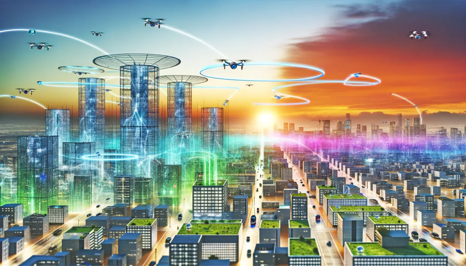 Futuristische Stadtansicht bei Sonnenuntergang mit holographischen Darstellungen von Gebäuden und fliegenden Drohnen, die durch farbige Flugbahnen navigiert werden. Das Bild suggeriert Hochtechnologie und fortschrittliche Stadtplanung in einer Smart City.