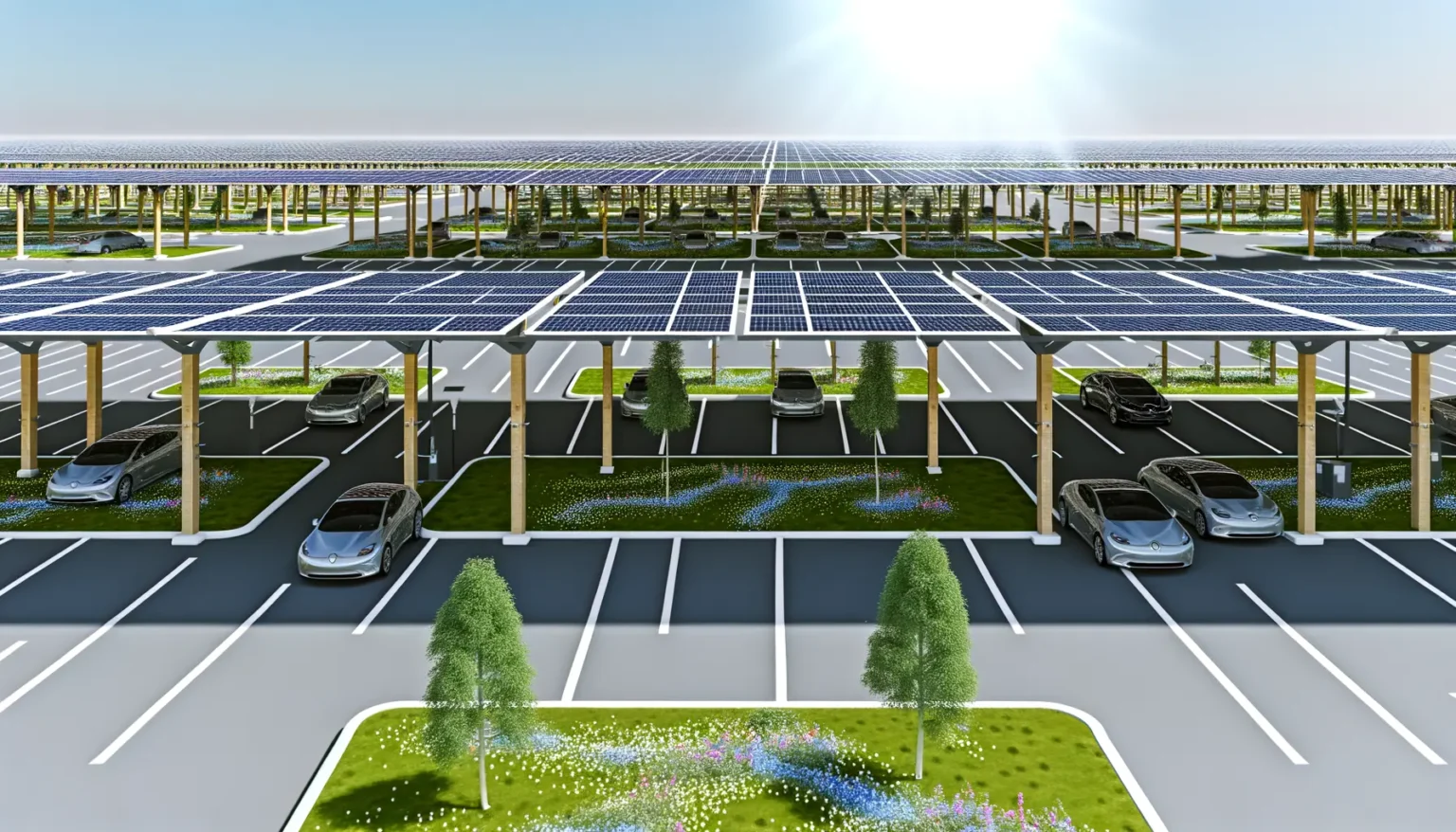 Ein großflächiger Parkplatz mit zahlreichen Autos bedeckt von einer Überdachung mit Solarpaneelen, umgeben von Grünflächen und Bäumen, unter einem klaren, blauen Himmel mit der Sonne am oberen Bildrand.
