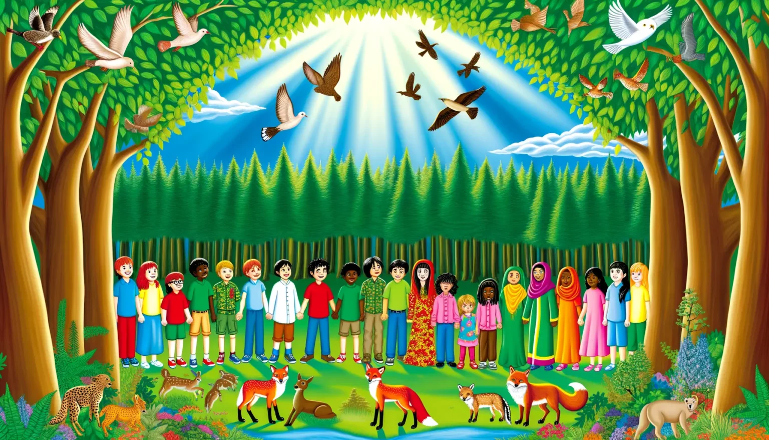 Eine bunte Illustration zeigt Kinder und Tiere in einer friedlichen, üppig grünen Landschaft. Mehrere Kinder unterschiedlicher Ethnien stehen in einer Linie, gekleidet in vielfältige traditionelle und moderne Kleidung, mit lachenden Gesichtern. Um sie herum befinden sich verschiedene Wildtiere, wie Füchse, ein Gepard und Rehe, in einem harmonischen Zusammenspiel. Über ihnen erstreckt sich ein blauer Himmel mit leuchtenden Sonnenstrahlen, die durch die Baumwipfel scheinen, und mehreren fliegenden Vögeln, die Freiheit und Naturverbundenheit symbolisieren.