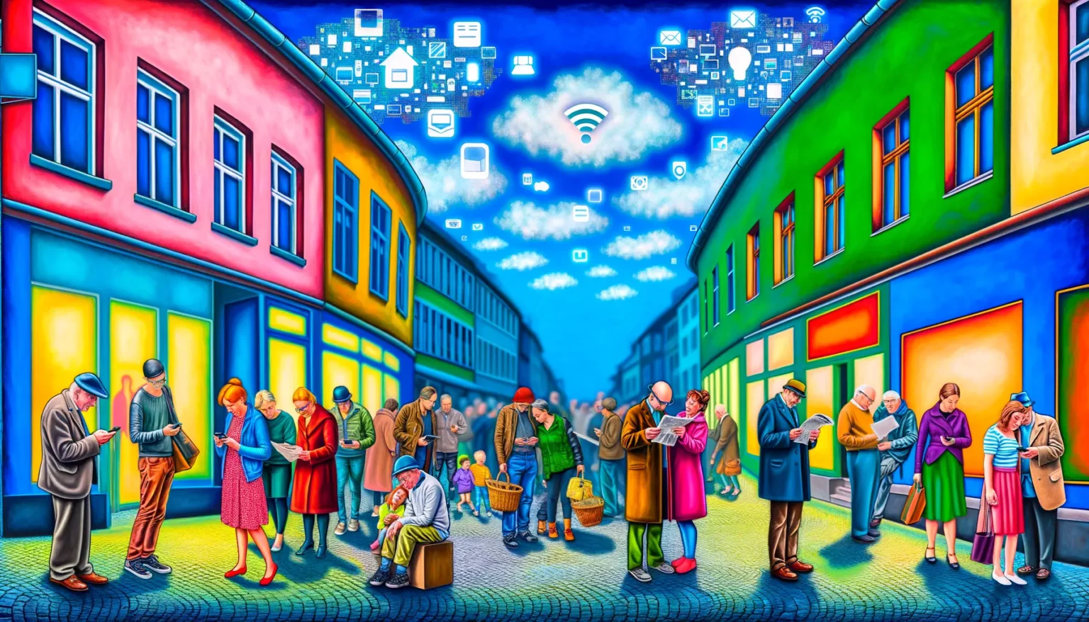 Eine lebhafte, bunte Zeichnung einer belebten Straßenszene mit Menschen, die auf digitalen Geräten tippen, in einem Kontrast von altmodischer Kleidung und Umgebung sowie moderner Technologie, symbolisiert durch ikonische App-Symbole und ein großes Wi-Fi-Symbol in der mit Wolken gefüllten Luft.