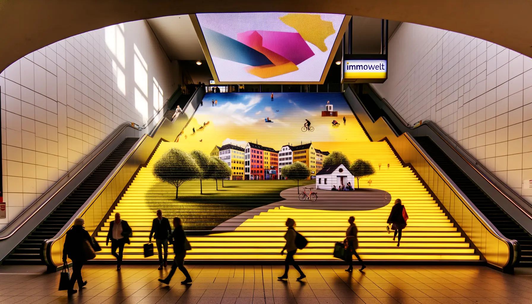 Lebhafte Treppenwerbung am Hauptbahnhof im Rahmen der Kunst-Werbekampagne