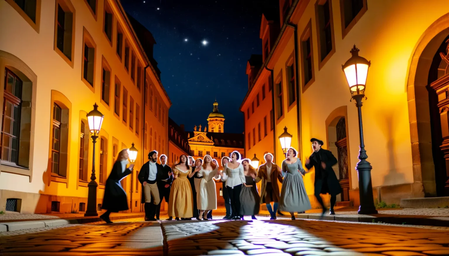 Eine Gruppe von Personen in historischen Kostümen tanzt und singt bei Nacht auf einer gepflasterten Straße in einem alten Stadtviertel. Im Hintergrund leuchten Straßenlaternen und ein barockes Gebäude mit einer beleuchteten Kuppel unter einem sternklaren Himmel.