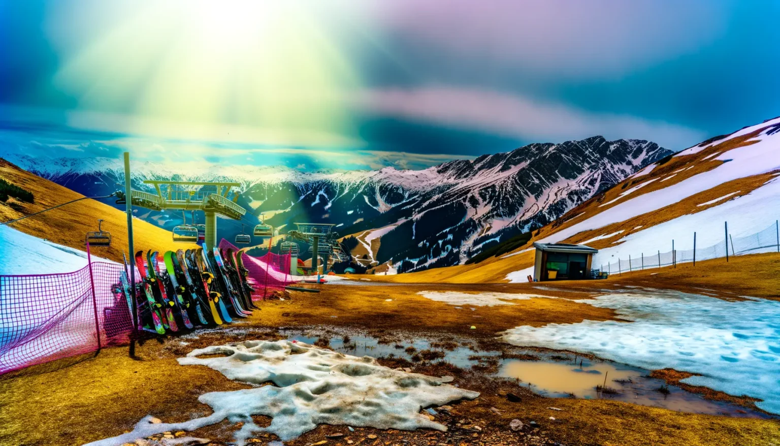 Lebendiges Bergpanorama mit schmelzendem Schnee und einer Sesselbahn im Hintergrund, vorne sind Skier an einem Zaun abgestellt, Sonnenstrahlen fluten den Himmel über den majestätischen, schneebedeckten Gipfeln.