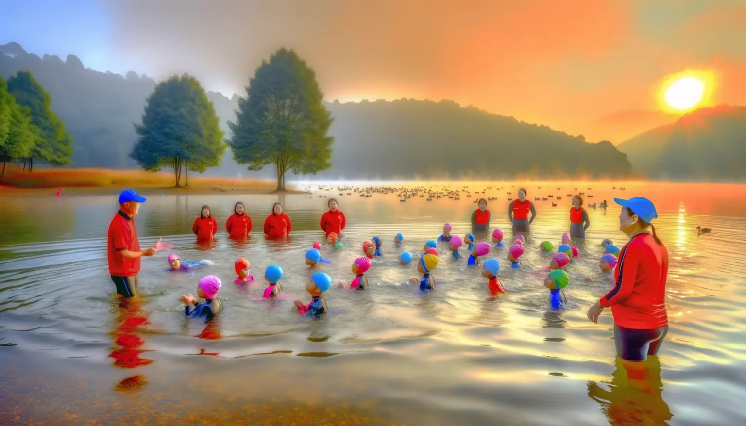 Gruppe von Menschen in roten und blauen Schwimmanzügen, die bei Sonnenaufgang im seichten Wasser eines Sees stehen. Viele von ihnen tragen bunte Schwimmkappen, während zwei Personen in blauen Kappen Anweisungen zu geben scheinen. Im Hintergrund ruhiges Wasser mit schwimmenden Enten, umgeben von Bäumen und einem nebligen, farbenfrohen Himmel.