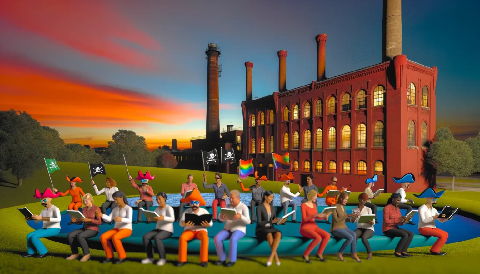 Eine bunt gemischte Gruppe von animierten Charakteren, die menschliche Züge aufweisen, sitzt auf einer Wiese vor einem industriellen Backsteingebäude mit hohen Schornsteinen. Die Charaktere tragen abstrakte, farbenfrohe Kleidung und Hüte und scheinen in verschiedene Aktivitäten vertieft zu sein, wie das Lesen von Büchern und das Schwenken von Flaggen mit Piratenmotiven und Regenbogenfarben. Der Himmel im Hintergrund zeigt ein lebhaftes Farbspiel von Orange, Rot und Blau zur Dämmerung.