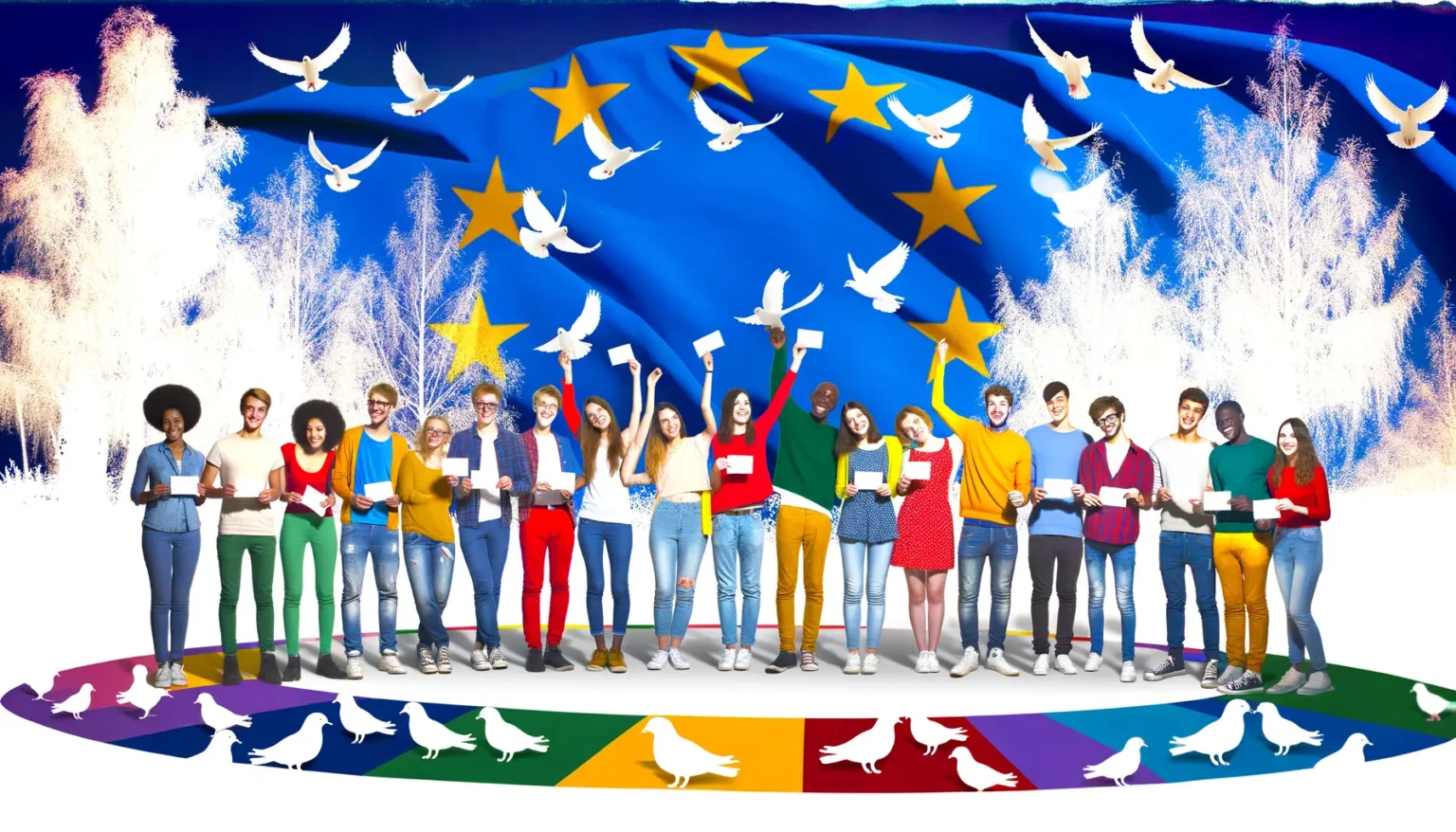 Eine vielfältige Gruppe lächelnder junger Menschen, die Laptops halten oder ihre Arme heben, vor einem stilisierten Hintergrund mit der blauen EU-Flagge, Sternen und weißen Friedenstauben. Am unteren Bildrand ist ein farbiges Band mit friedvollen Tier- und Vogelsilhouetten sichtbar.