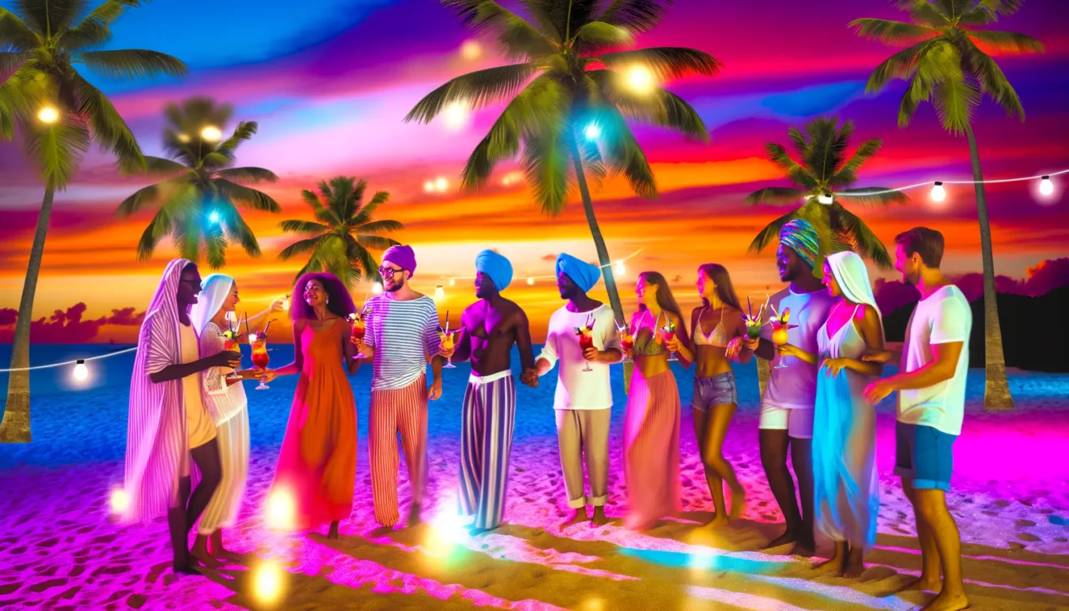 Eine Gruppe von Menschen genießt eine Strandparty während des Sonnenuntergangs. Sie tragen sommerliche Kleidung und halten Cocktails in den Händen. Im Hintergrund sieht man Palmen, Lichterketten und einen malerischen Himmel in leuchtenden Farben von Pink, Orange und Blau.
