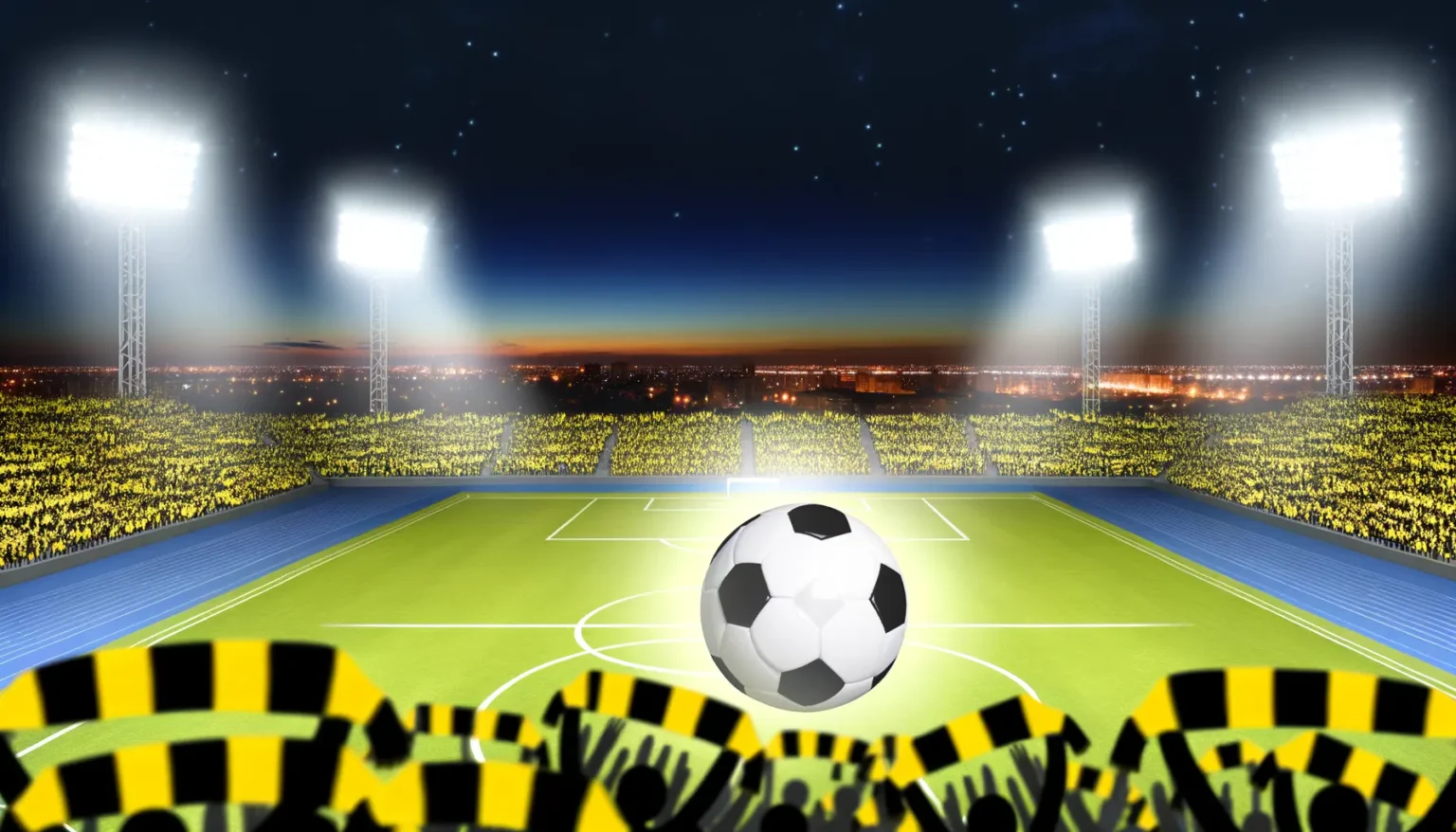 Beleuchtetes Fußballstadion bei Nacht mit einer großen Menschenmenge in gelben und schwarzen Farben, einem Fußball im Vordergrund und Scheinwerfern, die das Spielfeld hell erleuchten. Der Hintergrund zeigt einen Dämmerungshimmel über einer Stadtlandschaft.