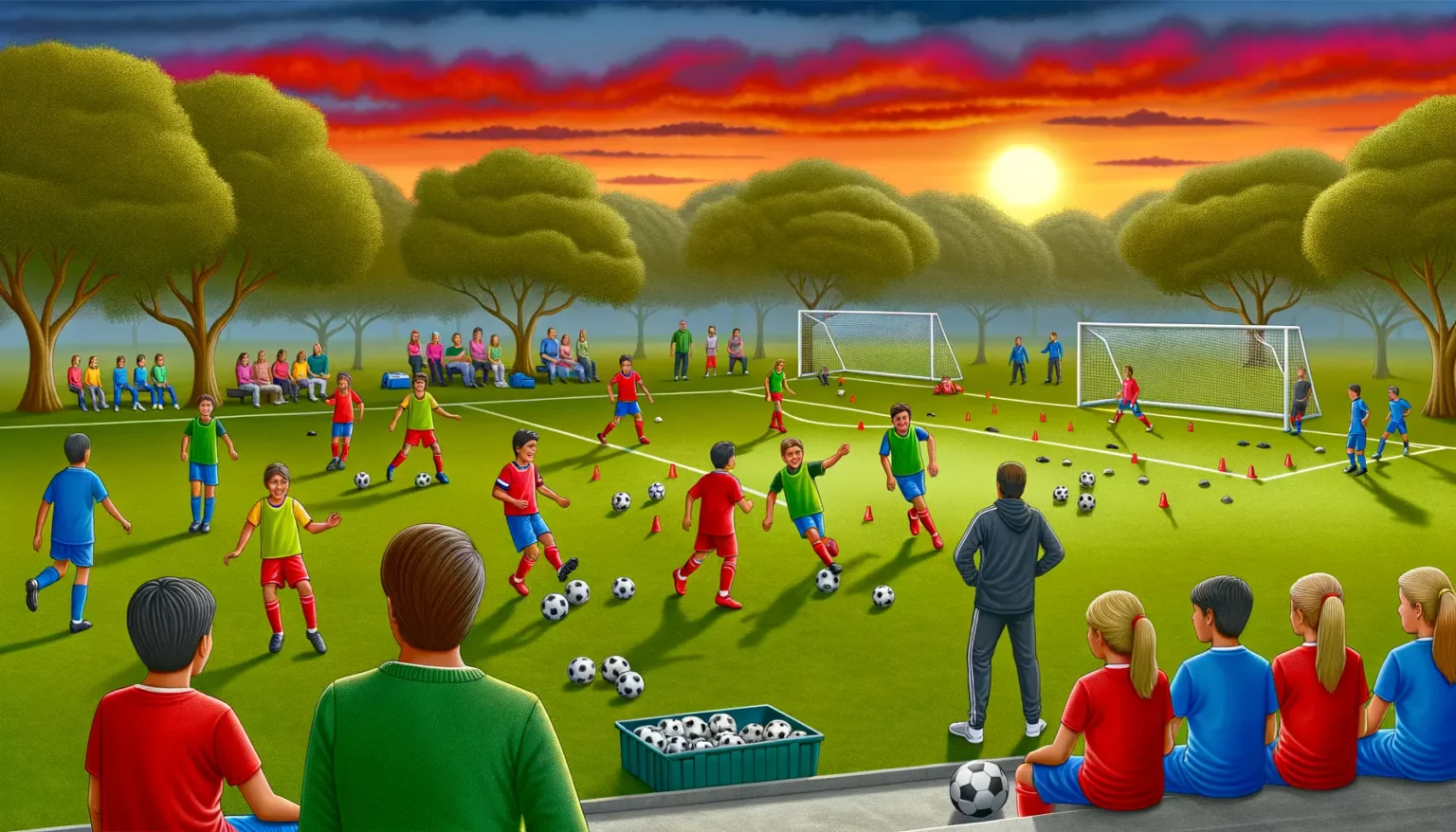 Eine lebhafte Fußballtrainings-Szene auf einem Feld bei Sonnenuntergang mit Kindern in verschiedenen farbigen Trikots, die Übungen durchführen. Im Vordergrund betrachten Trainer und sitzende Zuschauer das Geschehen. Im Hintergrund ein dramatisch rot gefärbter Himmel über Bäumen.