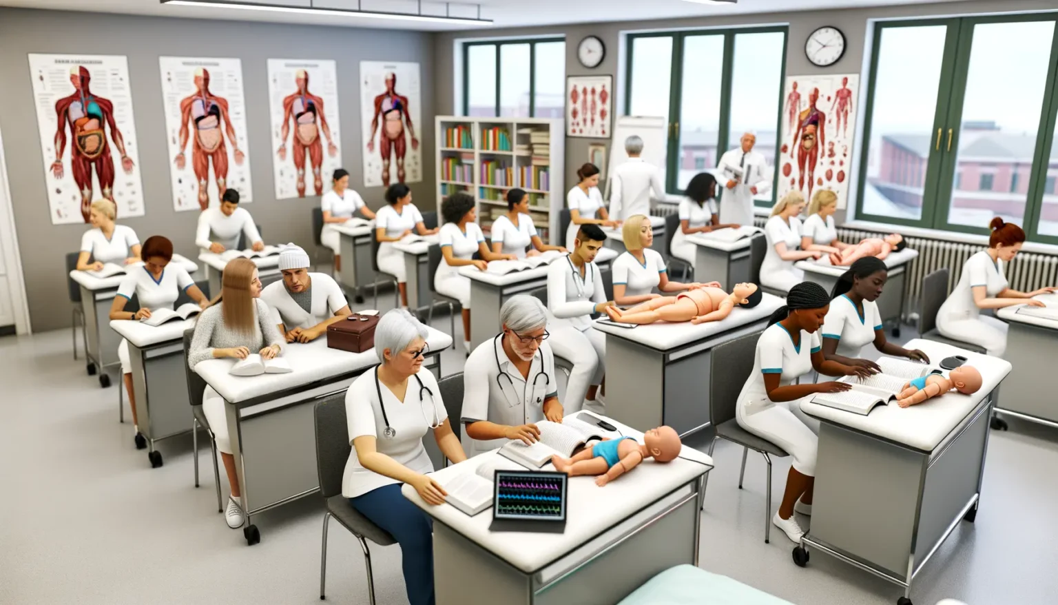 Ein Klassenzimmer voller Medizinstudierender in weißen Kitteln, die an Tischen sitzen und an Puppen üben oder in Lehrbüchern lesen. An den Wänden hängen anatomische Plakate des menschlichen Körpers. Ein Dozent steht im Hintergrund und schaut in die Klasse.