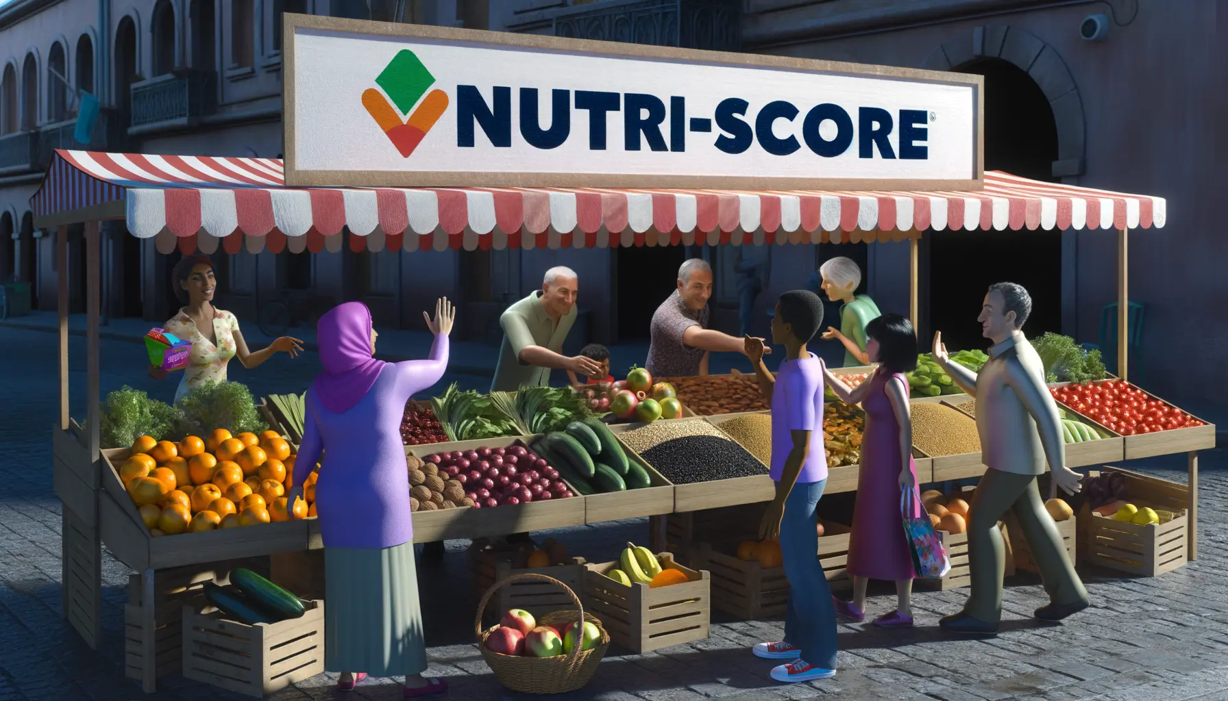 Lebendiges Marktstraßenbild mit Menschen und Lebensmittelständen