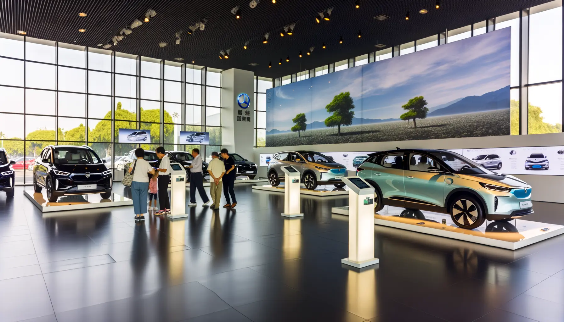 Showroom für Elektroautos mit Panoramafenstern