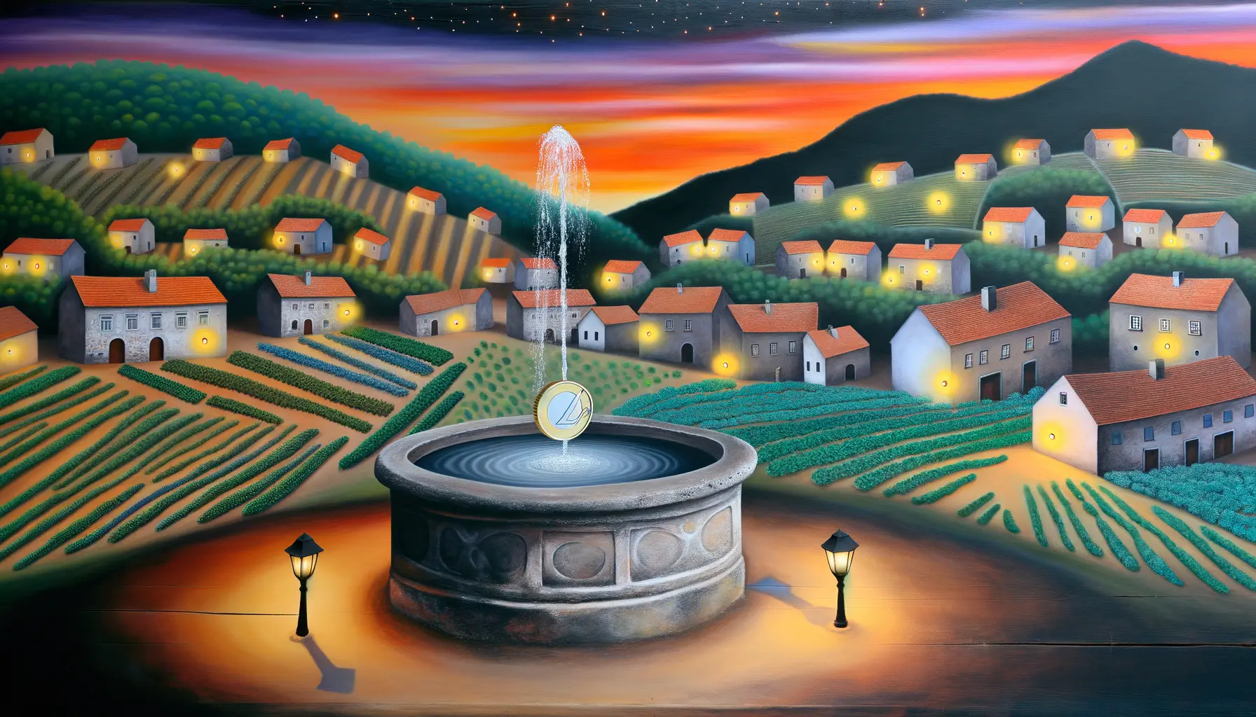 Malerische Darstellung eines europäischen Dorfes am Abend