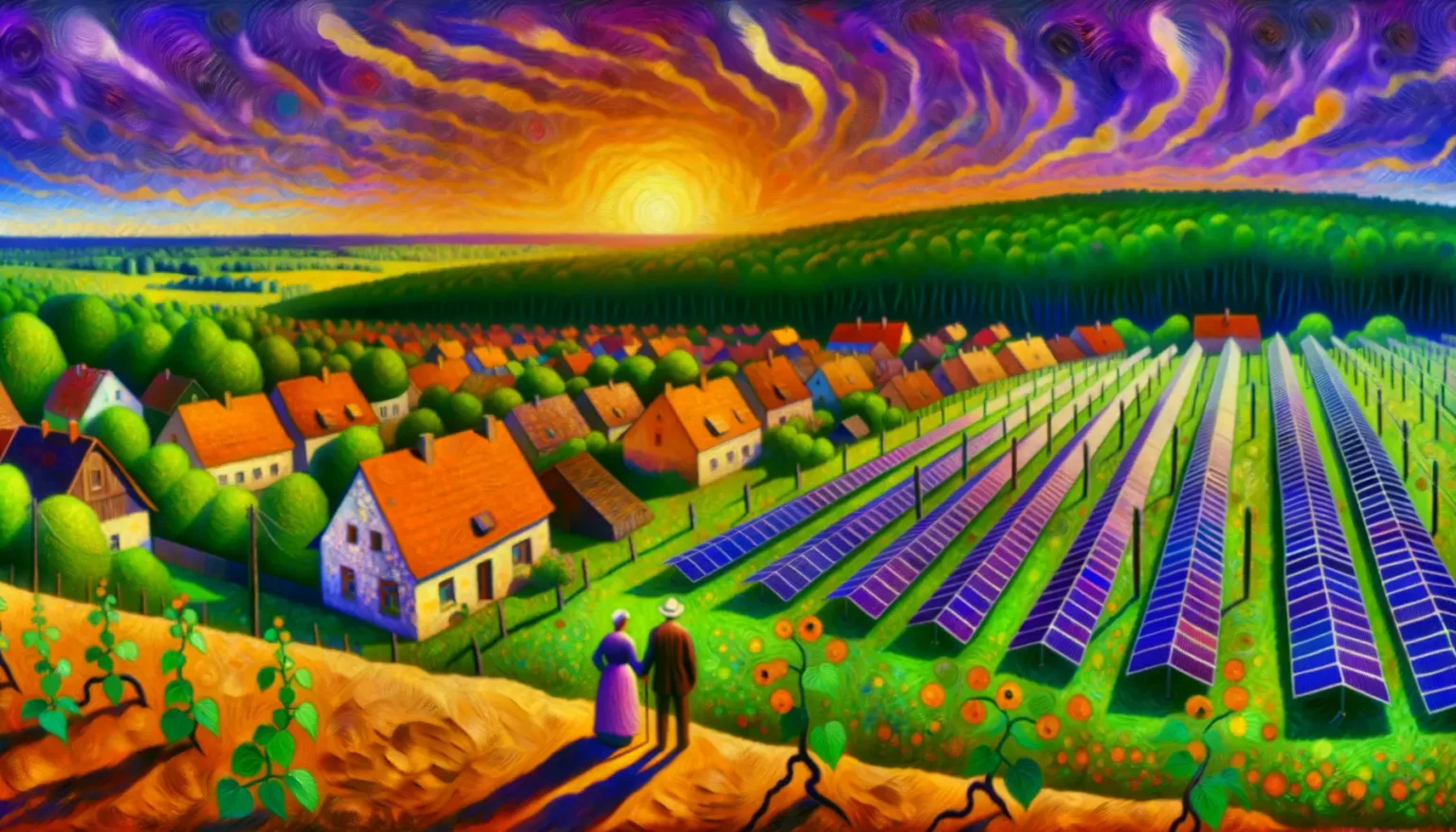 Farbenfrohes, stilisiertes Gemälde einer ländlichen Landschaft mit expressionistischen, wirbelnden Himmelsmustern, ähnlich dem Kunststil von Van Gogh. Im Vordergrund stehen zwei Figuren auf einer Anhöhe, die auf ein Dorf mit rot gedeckten Häusern und umgebenden Feldern blicken. Die Felder weisen üppige grüne Baumreihen und lange Reihen von Solarpaneelen auf.