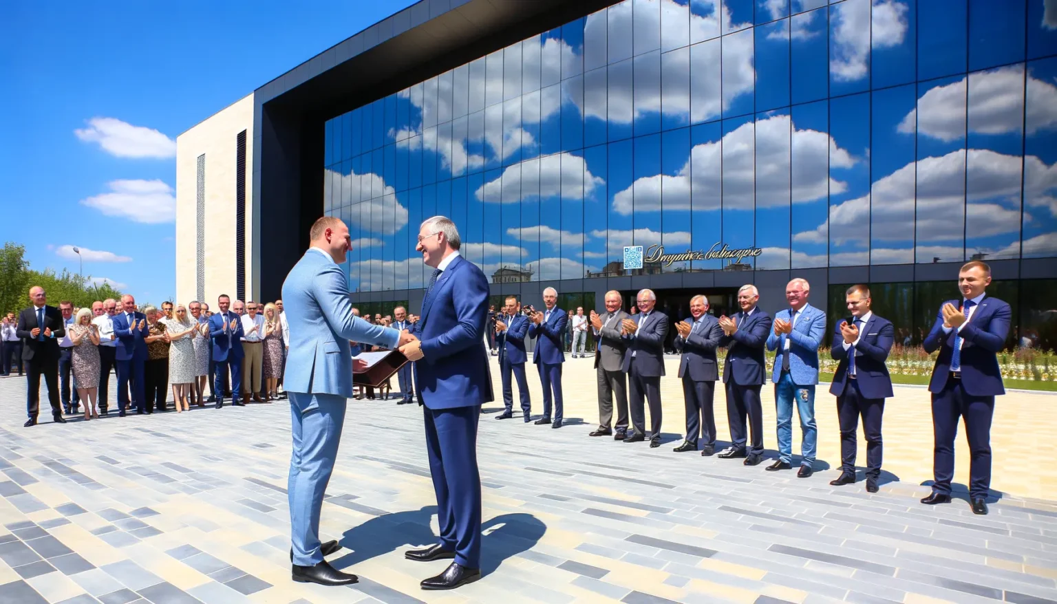 Zwei Männer in Anzügen schütteln sich die Hände in der Mitte einer applaudierenden Gruppe von Menschen vor einem modernen Gebäude mit reflektierender Glasfassade bei sonnigem Wetter.
