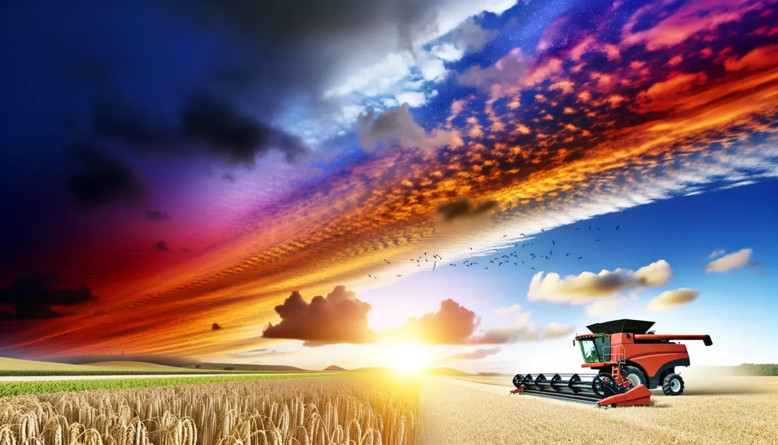 Ein landwirtschaftlicher Mähdrescher erntet Weizen auf einem Feld unter einem dramatischen Himmel mit bunten Wolken, während die Sonne untergeht und eine Vogelschar am Himmel zu sehen ist.