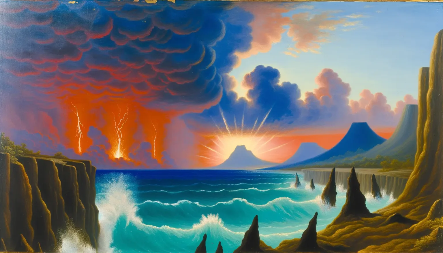 Ein dramatisches, farbenprächtiges Gemälde einer fantasievollen Landschaft mit mehreren Vulkanen. Im Vordergrund sind hohe Klippen und ein raues Meer mit Wellen zu sehen. In der Mitte des Bildes erhebt sich ein strahlender Vulkan, umgeben von kleineren Bergen und Wolken. Links oben befindet sich ein bedrohlicher, dunkelroter Himmel mit Blitzen, der nach rechts hin zu einem ruhigen blauen Abendhimmel mit rosa und orangefarbenen Wolken übergeht. Die Szene strahlt sowohl Dynamik als auch Ruhe aus.