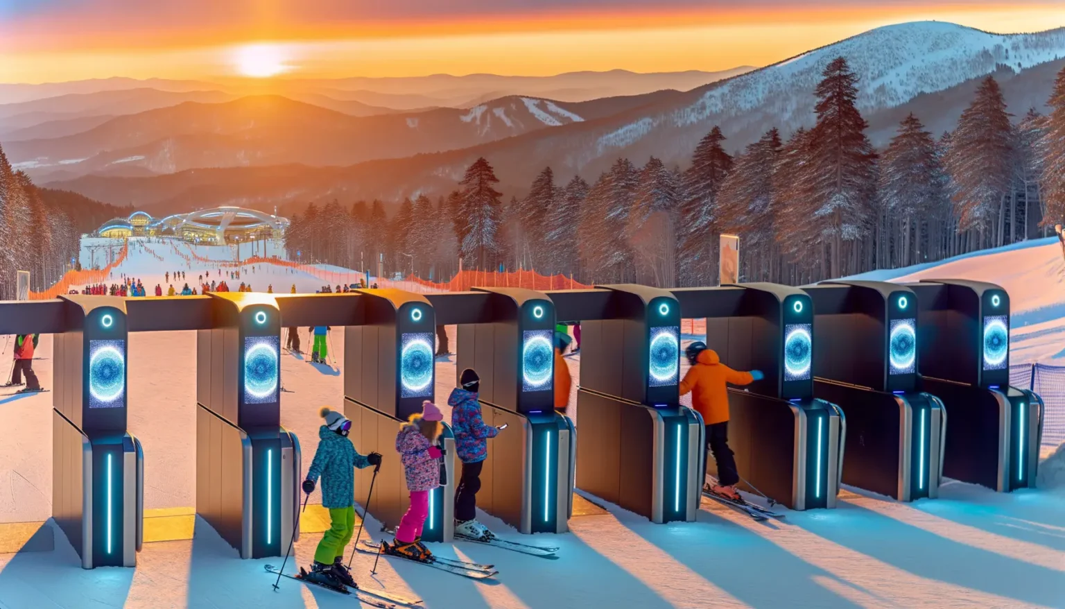 Skifahrer und Snowboarder stehen in einer Schlange an automatischen Zugangsschleusen zu einem Skilift, während im Hintergrund die Sonne über einem verschneiten Bergpanorama untergeht, was dem Himmel eine orange-rosarote Färbung verleiht.