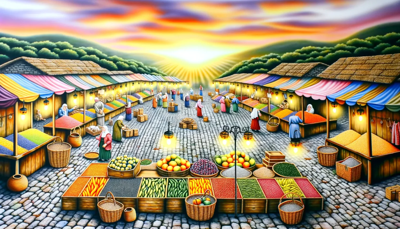 Eine lebendige und farbenfrohe Darstellung eines traditionellen Marktplatzes mit verschiedenen Marktständen, die eine Vielzahl von Früchten und Gewürzen verkaufen. Menschen in historischer Kleidung schlendern zwischen den Ständen umher. Der Himmel ist dramatisch mit einem leuchtenden Sonnenuntergang gemalt, der das gesamte Szenario in warmes Licht taucht.