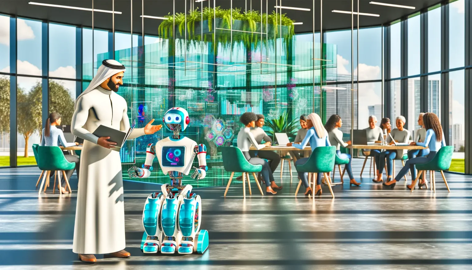 Ein Mann in traditioneller arabischer Kleidung interagiert mit einem humanoiden Roboter in einer modernen Bürolandschaft mit Glaswänden und üppigen hängenden Pflanzen. Im Hintergrund arbeiten Menschen in kleinen Gruppen an Tischen. Draußen sind Wolkenkratzer und ein blauer Himmel sichtbar.
