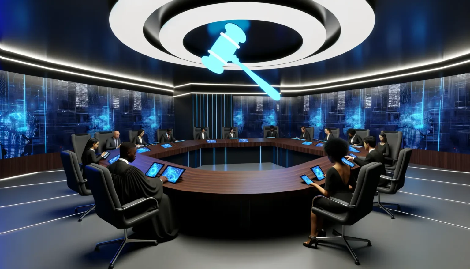 Moderne Besprechungsraum-Umgebung mit Personen an einem ovalen Konferenztisch, die digitale Tablets benutzen. Über dem Zentrum des Tisches schwebt ein großes, leuchtendes Symbol eines Richterhammers in blauer Neon-Optik. Die Wand im Hintergrund ist mit digitalen Bildschirmen verziert, die eine futuristisch anmutende, blau leuchtende Stadtsilhouette zeigen.