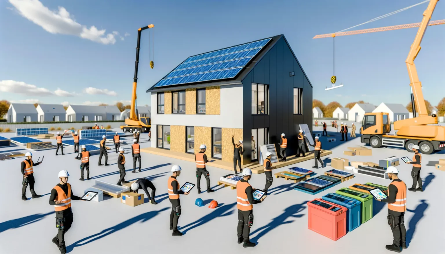 Eine lebhafte Baustelle mit Arbeitern, die aktiv an der Installation von Solarpaneelen auf einem modernen Haus mit schrägem Dach arbeiten, während verschiedene Baugeräte und -materialien sichtbar sind, unter einem klaren blauen Himmel. Ein Kran hebt Materialien an, während im Hintergrund weitere Häuser erkennbar sind.