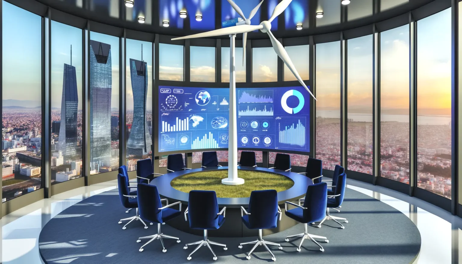 Modernes Bürokonferenzzimmer mit großem, rundem Tisch und blauen Stühlen, umgeben von Panoramafenstern, die einen Ausblick auf eine städtische Skyline bieten. Im Raum befindet sich eine Windturbine, und an der Wand sind interaktive Bildschirme mit verschiedenen Wirtschafts- und Finanzdiagrammen zu sehen. Das Ambiente wirkt zukunftsorientiert und technologisch fortschrittlich.