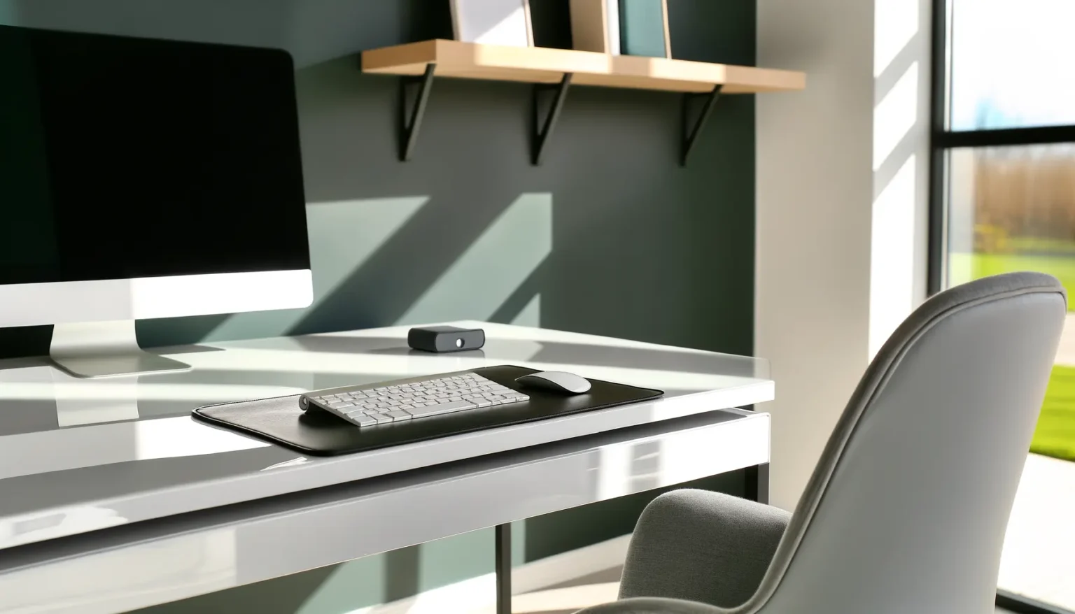 Modern eingerichteter Arbeitsplatz mit einem Desktop-Computer, Tastatur und Maus auf einem weißen Schreibtisch, daneben ein grauer Bürostuhl. Im Hintergrund sind geometrisch gemusterte Wände und ein Fenster mit Blick auf einen grünen Außenbereich.