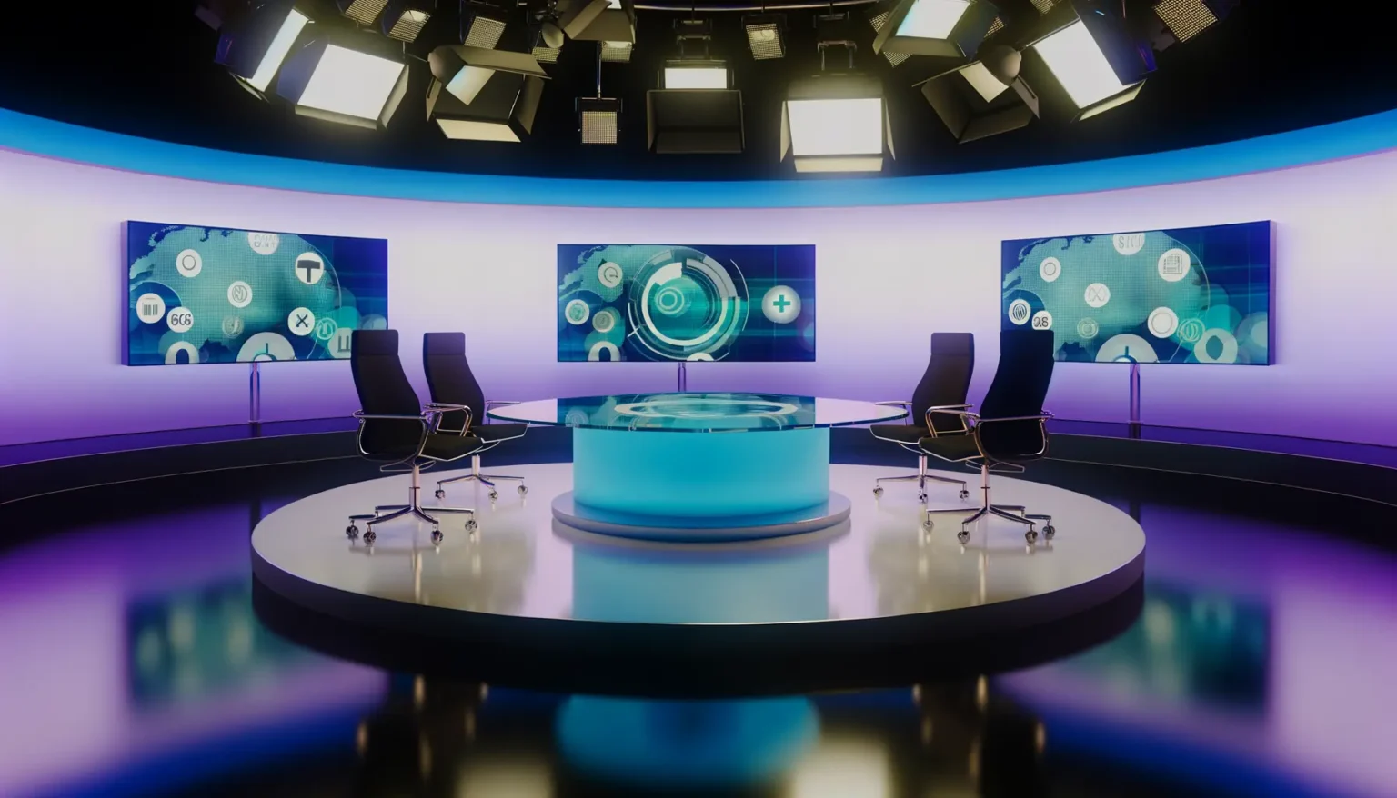 Moderne Fernsehstudio-Umgebung mit blau beleuchtetem Hintergrund und zentraler runder Tischfläche. Zwei Monitore im Hintergrund zeigen grafische Darstellungen von Daten und Diagrammen. Vier leere Stühle stehen um den Tisch herum, flankiert von mehreren Studiolichtern an der Decke.