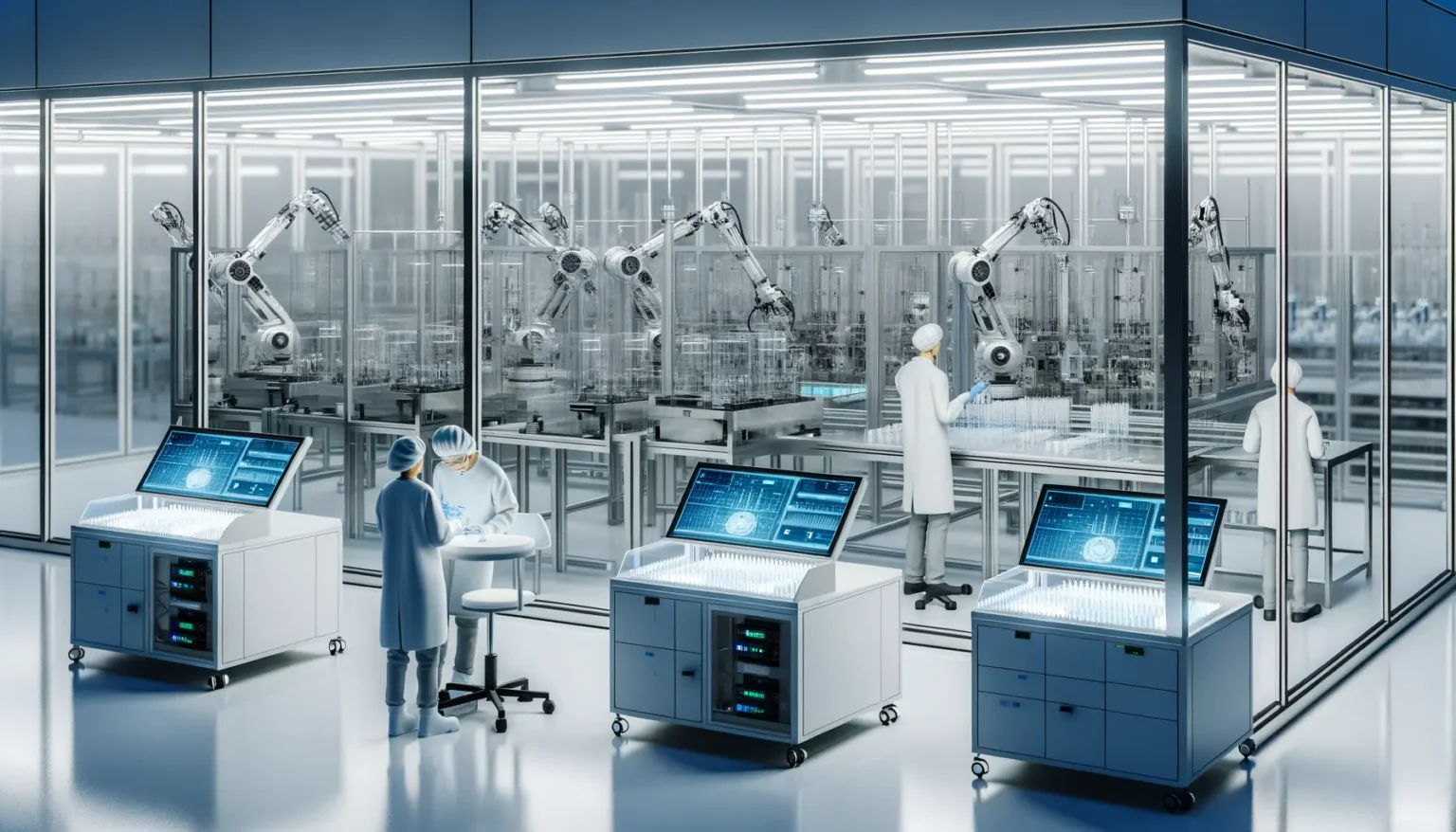 Futuristisches Labor mit Industrierobotern und Wissenschaftlern in Reinraumkleidung, die an High-Tech-Arbeitstischen mit Bildschirmen arbeiten.