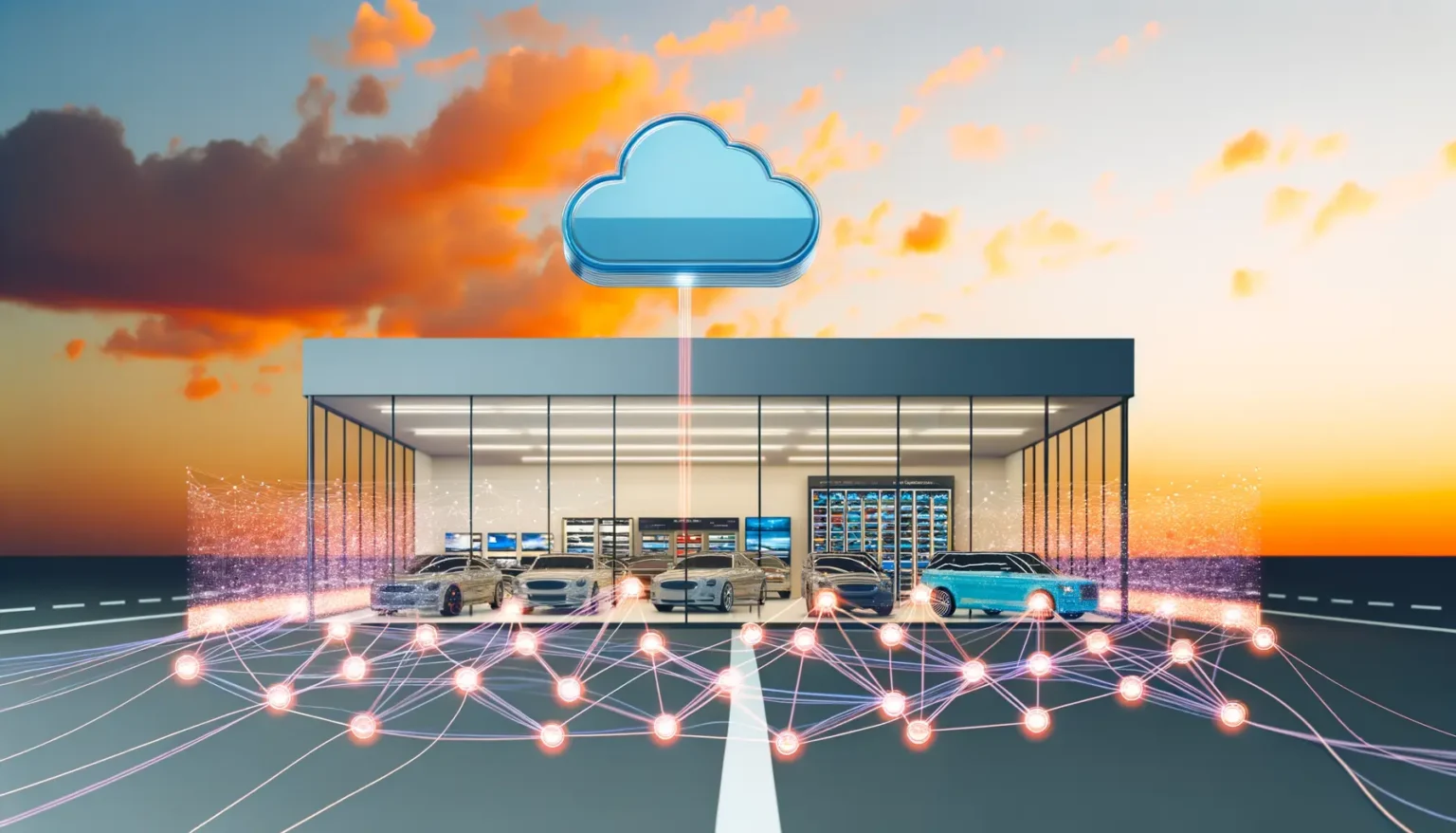 Digitale Konzeptdarstellung eines modernen Autohauses mit vernetzten Fahrzeugen, die Daten mit einem Cloud-Symbol oberhalb über einen Lichtstrahl austauschen, vor einem Sonnenuntergangshimmel.