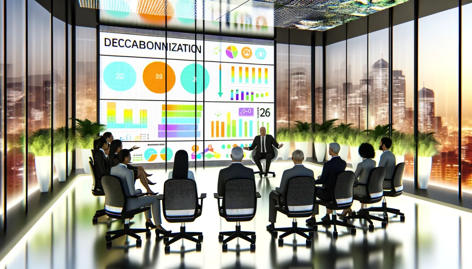 Eine Gruppe von Geschäftsleuten sitzt in einem modern gestalteten Konferenzraum mit Panoramablick auf eine Stadtsilhouette bei Sonnenuntergang und betrachtet eine Präsentation mit bunten Grafiken und dem Wort "DECCABONNIZATION" auf einem großen Bildschirm, während ein Redner die Präsentation leitet.