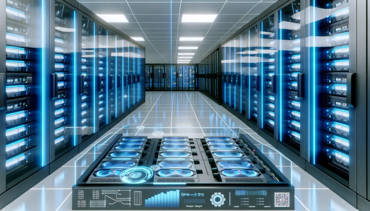 Moderne Serverräume mit Reihen von Server-Schränken, die blaues Licht ausstrahlen, im Vordergrund Detailansichten von Datenservern und grafischen Anzeigen zu Leistung und Systemstatus.