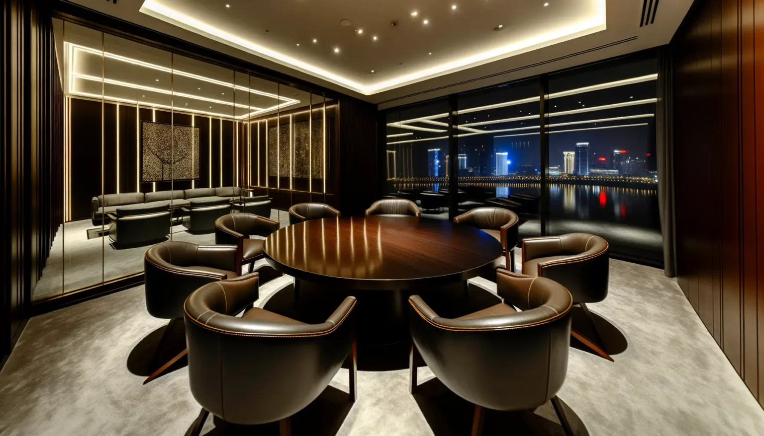 Ein luxuriöser Konferenzraum bei Nacht mit einem großen ovalen Holztisch und umgebenden Lederstühlen. Der Raum hat eine moderne Beleuchtung und bodentiefe Fenster, durch die man auf eine beleuchtete Stadtansicht mit Spiegelungen im Wasser blickt.