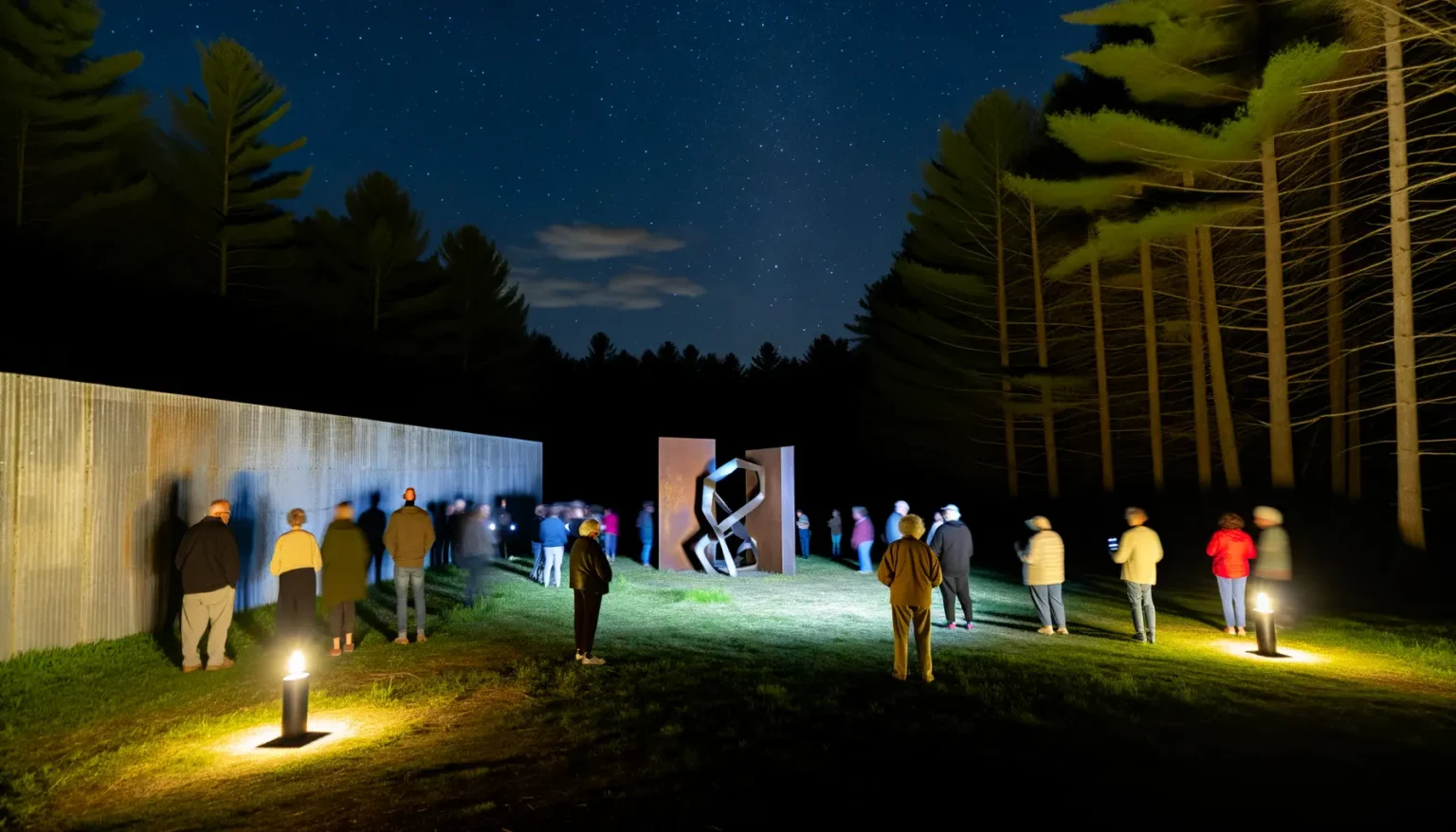 Eine Gruppe von Menschen betrachtet nachts im Freien eine Skulptur in Form einer Doppelhelix, die von Scheinwerfern beleuchtet wird. Der Himmel ist sternklar und der Hintergrund ist von dunklen Bäumen gesäumt. Einige Besucher leuchten mit Taschenlampen, während andere im gedämpften Kunstlicht des Ortes stehen.