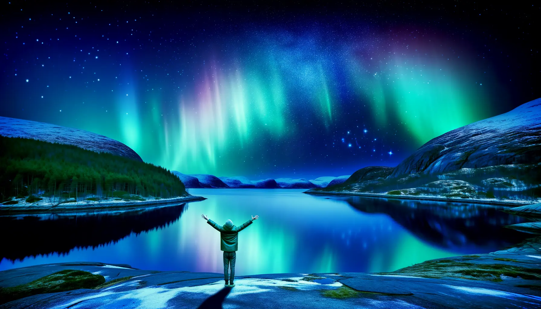 Atemberaubende Nordlichter über einem Fjord unter dem Sternenhimmel