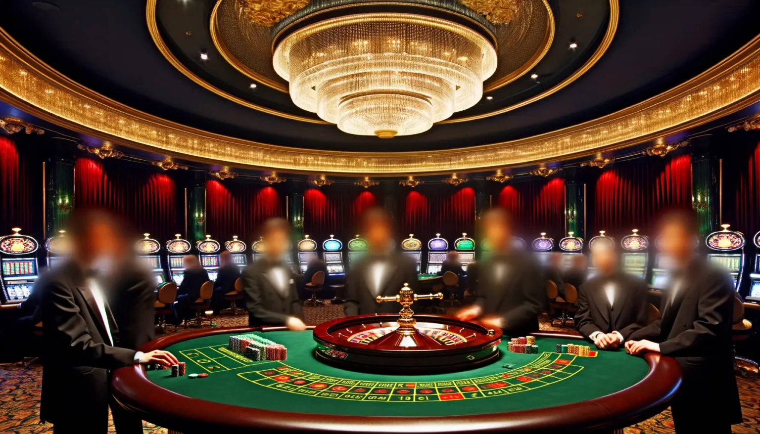 Luxuriöses Casino-Innenraum mit Roulette-Tisch im Vordergrund, umgeben von Personen in Geschäftskleidung. Im Hintergrund sind leuchtende Spielautomaten und ein prachtvoller Kronleuchter zu erkennen. Die Gesichter der Personen sind unkenntlich gemacht.