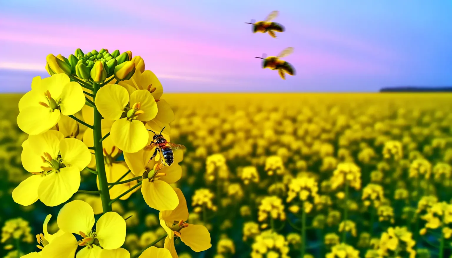Bienen fliegen um leuchtend gelbe Rapsblüten auf einem Feld mit einem farbenfrohen Sonnenuntergangshimmel im Hintergrund.